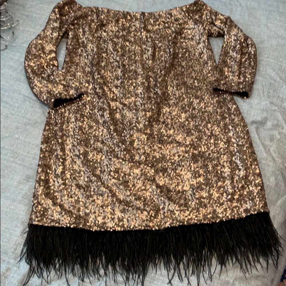 Eloquii sequin and ostrich feather cocktail dress.